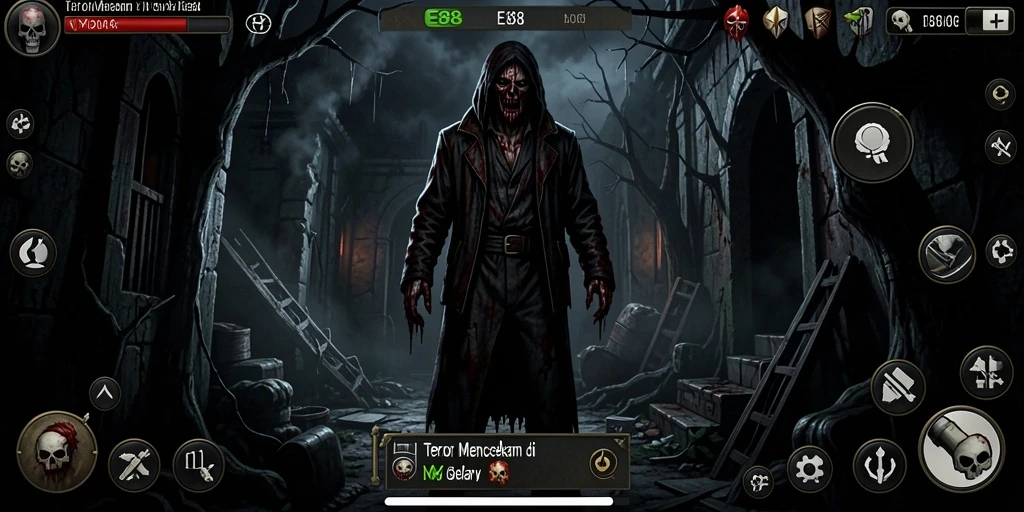 Screenshot gameplay E88 yang menampilkan suasana horor yang mencekam.