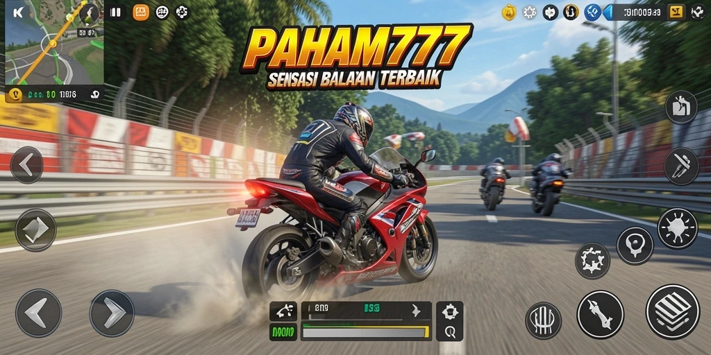Gameplay menegangkan dengan motor balap di lintasan.