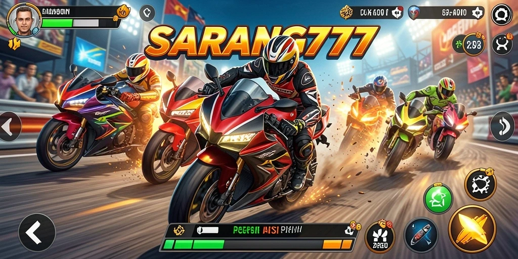 Gameplay penuh aksi di SARANG777 dengan balapan motor seru.